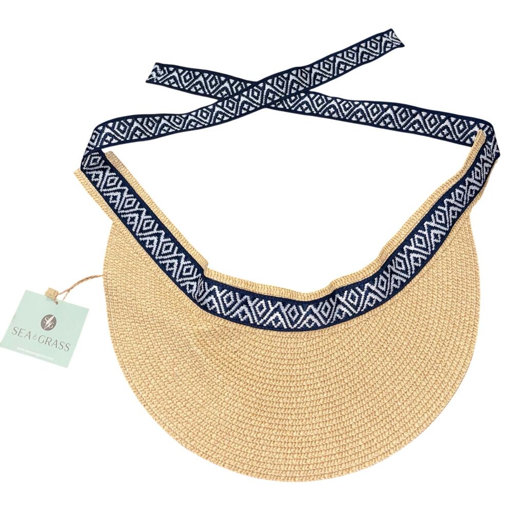 Sea & Grass straw visor with blue ikat ribbon tie NWT
